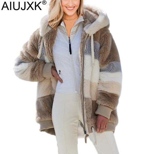 

women's jackets aiujxk winter coat women 2021 loose korean plus size 5xl hooded fuzzy jacket woman parka patchwork warm and clothes, Black;brown