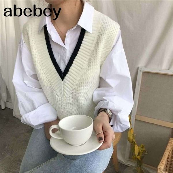 

vest women striped v-neck daily knitted stylish students korean style sleeveless outwear female coats all-match leisure 201211, Black;white