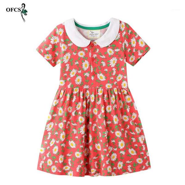 girls dress summer new 2-7 years kid girls cotton short sleeve dress baby flowers printed princess children clothes1, Red;yellow