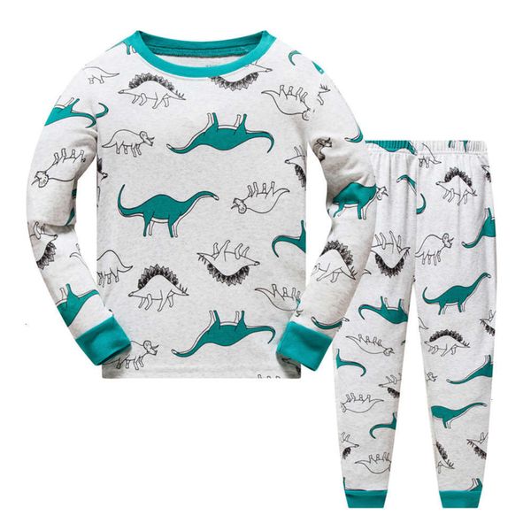 

selling children's dinosaur boys' rib cotton printed long sve home suit pajamas, Blue;red