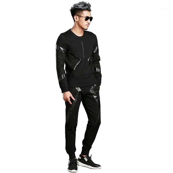 

spring autumn pu patchwork hoodies 2pcs sets with joggers pants tracksuit men casual slim sweatshirt pullover trousers suits1, Gray