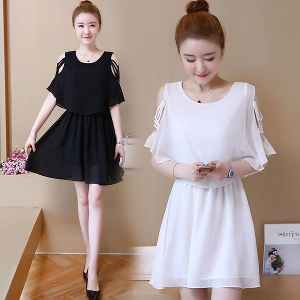 

chiffon dress women's summer 2019 new waist-closed small slimmingshoulder super fairy popular dress in spring and summer j0g06, Black;gray