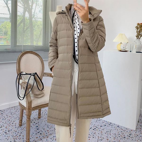 

fitaylor new winter women thin detachable hat down jacket medium long one-piece woven light 90 white duck down, Black