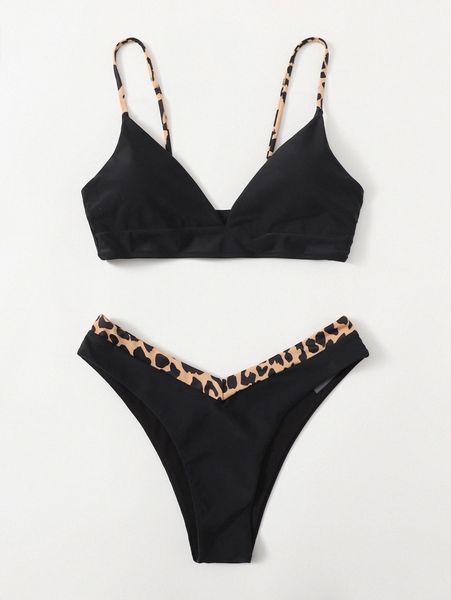 

contrast leopard high cut bikini swimsuit 44ht#, White;black