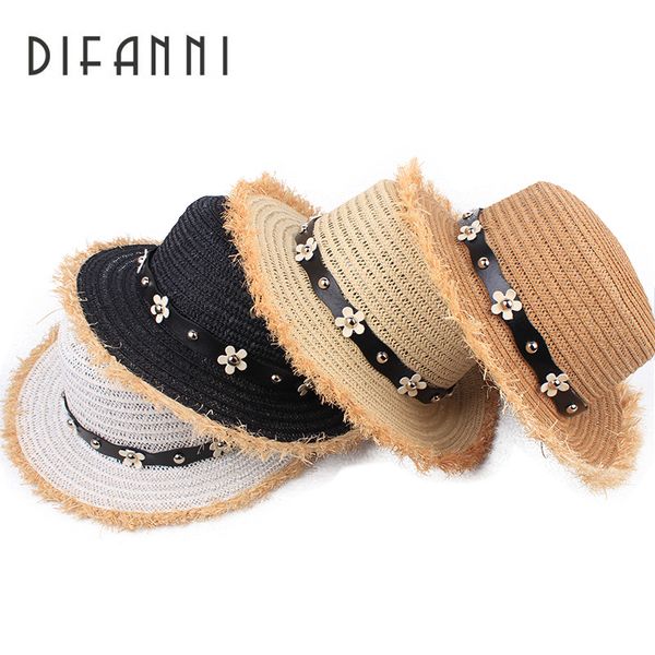 

difanni women summer hat sun hats with belt and pearl beach caps for vacation breathable straw hats packable flat top, Blue;gray