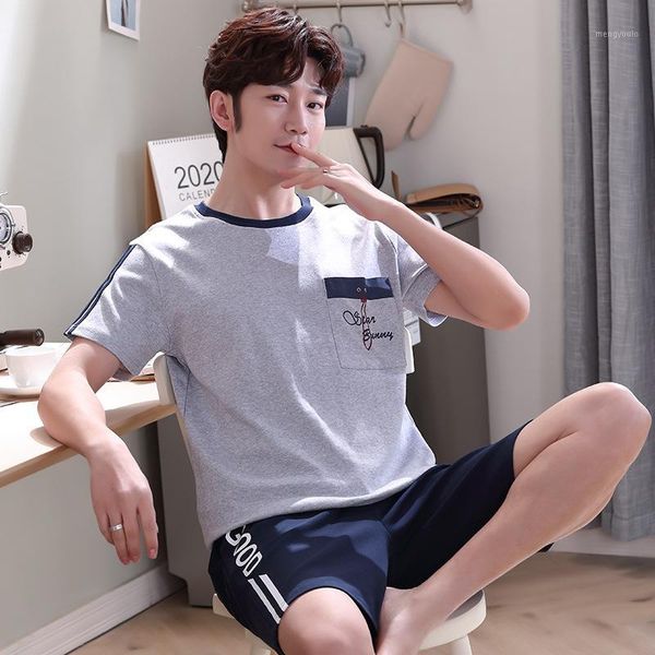 

pajamas men's cotton short-sleeved plus fertilizer plus size students and teenagers summer thin cotton home clothes set1, Black;brown