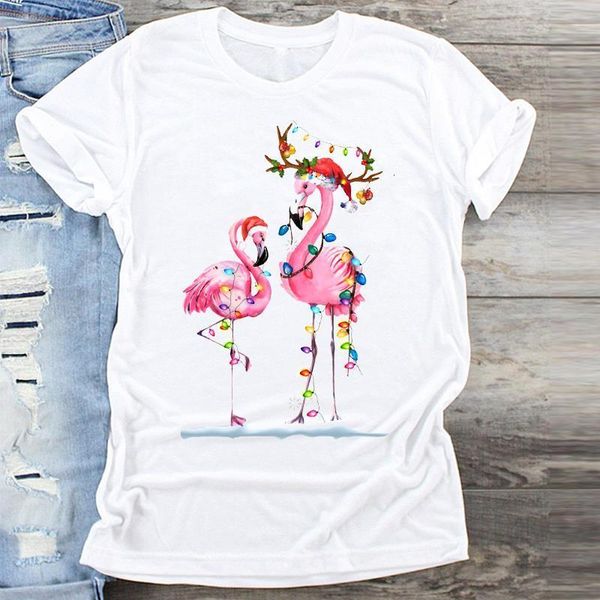

women cartoon flamingo animal happy clothing merry christmas print clothes graphic t shirt ladies female tshirts tee t-shirt, White