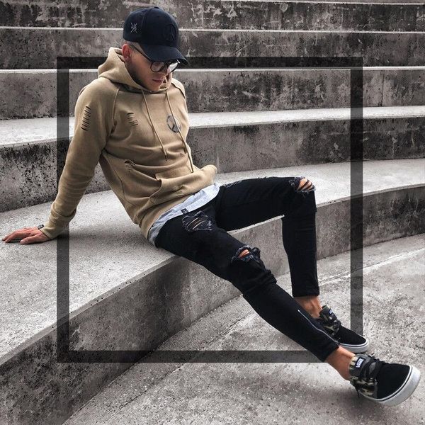 

men's jeans men's jeans fashion mens cool designer black ripped skinny destroyed frayed slim fit denim pant zipper hop pants holes, Blue