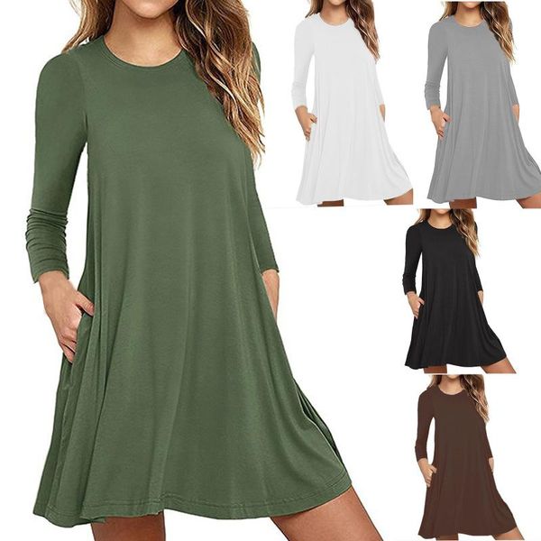 

casual dresses ladies fashion long sleeve pure color loose t-shirt dress with pockets women's 2021 retro elegant -com, Black;gray