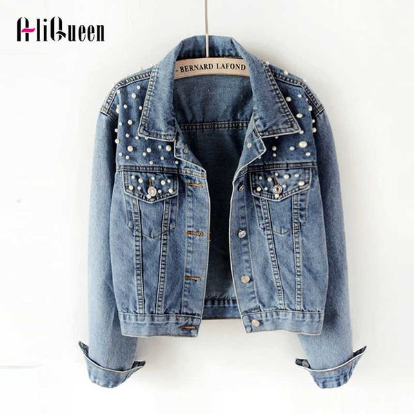 

2021 autumn women peals beading bomber jeans jacket streetwear plus size denim jacket veste femme casual loose short coats 5xl, Black;brown