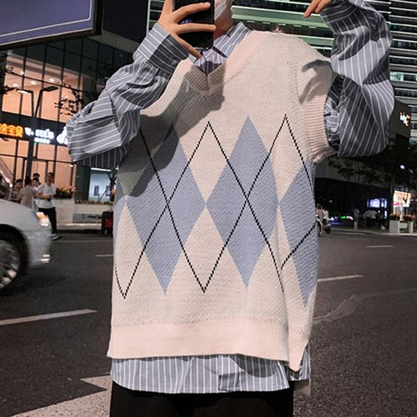 

men's vests 2021 sweater vest men patchwork v-neck sleeveless sweaters preppy style side-slit couples teens retro waistcoat, Black;white