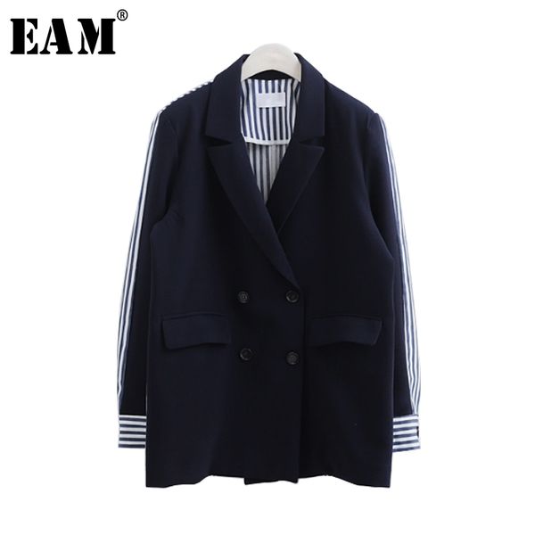 

[eam] 2020 spring summer fashion full sleeve striped spliced turn-down collar double breasted new jacket women's coat la100 y200101, Black;brown
