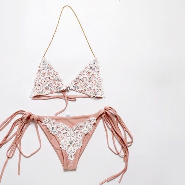 

new white crystal bikini summer swimwear women diamond high-quality two pieces solid halter bathing biquini, Black