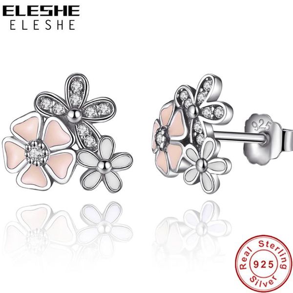 

authentic 100% 925 sterling silver earrings for women pink enamel poetic daisy cherry blossom stud earring fashion jewelry gift, Golden;silver