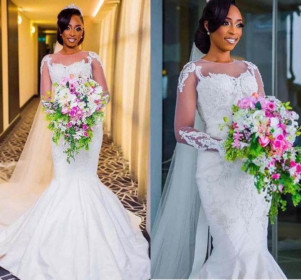

2021 new design plus size dresses vintage sheer sleeves wedding gowns sweeping train bride vmpt, White