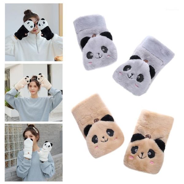 

women winter touch screen half finger gloves thicken fluffy plush cartoon panda convertible flip fingerless mittens1, Blue;gray