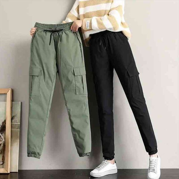 

winter warm straight pants women autumn winter warm down trousers outside wearing leggings elastic waist drawstring sweatpants, Black;white