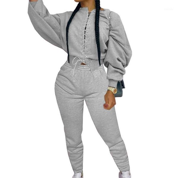 

women winter sweatshirt set thick puff long sleeve lace-up tight pullover pants tracksuit sportswear1, Gray