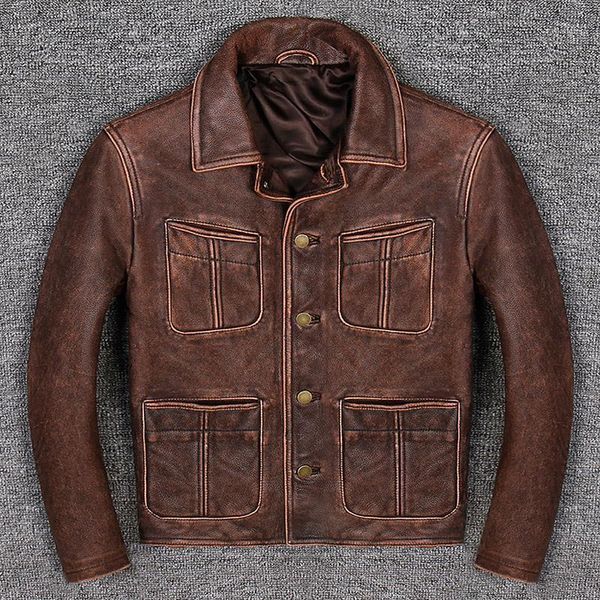 

2020 retro vintage brown men american casual style leather jacket plus size 5xl genuine cowhide natural coat, Black