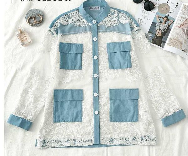 

streetwear floral white lace blouse women vintage embroidery denim blouse shirt feminine transparent mesh autumn1