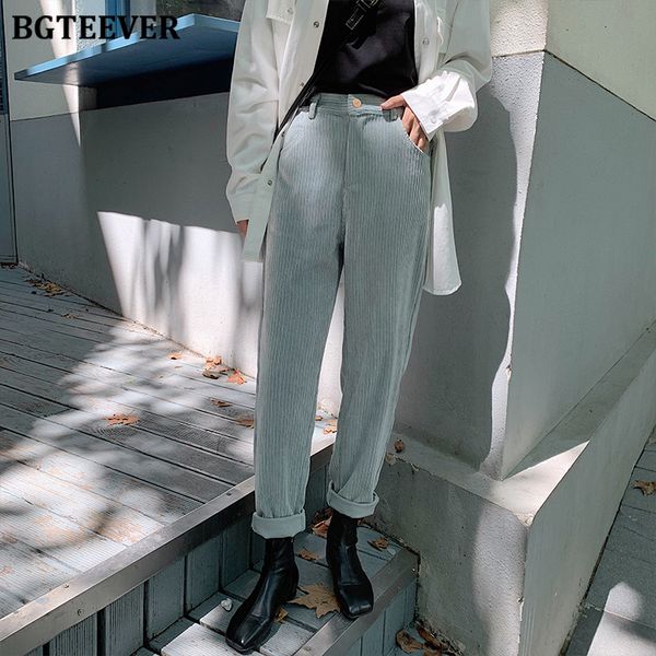 

bgteever spring autumn women corduroy pants fashion high waist female straight pants streetwear women trousers capris 2020 c1111, Black;white