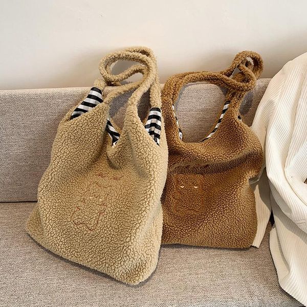 

women lamb wool tote large capacity shoulder bags for girls simple canvas handbag cute bear embroidery soft shopping bag book