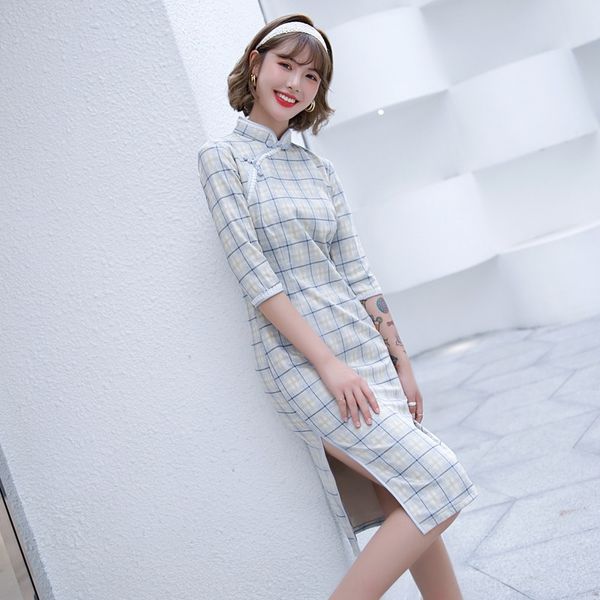 

ev9n4 2020 new mid long suede plaid cheongsamcheongsam autumn and winterdaily slim fit 7 4 lace in cheongsamsleeve lace cheongsam a4k3o, Black;gray