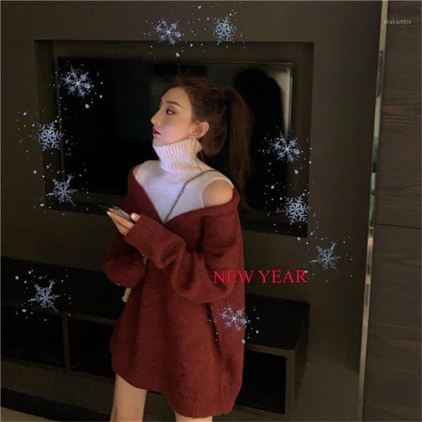 

color-blocking patchwork fashion shoulder-space turtleneck sweater women's knitted sweater pullover1, White;black