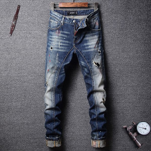 

2021 new italian style fashion retro blue slim fit destroyed ripped men pants spliced designer hip hop homme dzzj