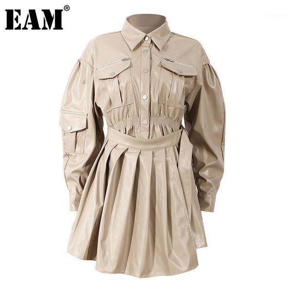 

eam] women khaki pu pleated zipper big pockets dress new lapel long sleeve loose fashion tide spring autumn 2021 1dd22611, Black;gray