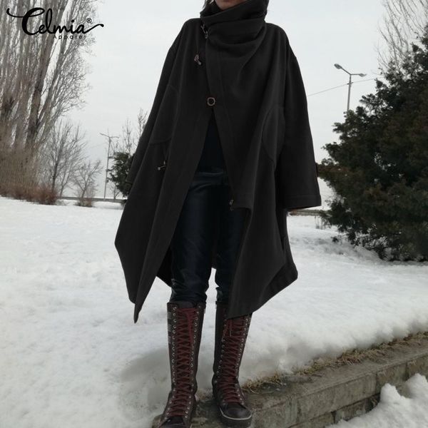 

winter coats 2019 celmia vintage women jackets long sleeve casual loose asymmetric turtleneck sweatshirts overcoats plus size1, Black;brown