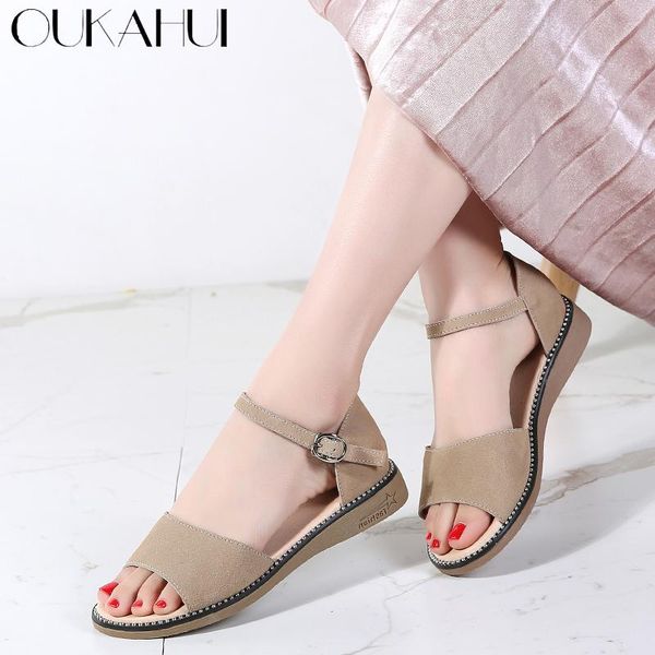

oukahui summer fashion genuine leather buckle strap flat heel sandals women shoes with crystal solid woman open toe sandals 2020, Black