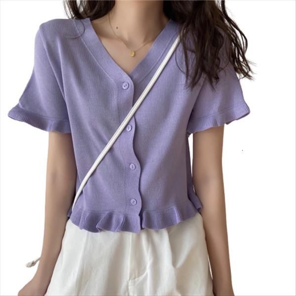 

women solid v neck knitted sweet ruffles short sleeve cardigans lady knitting summer thin sweater shirt crop for girls, White;black