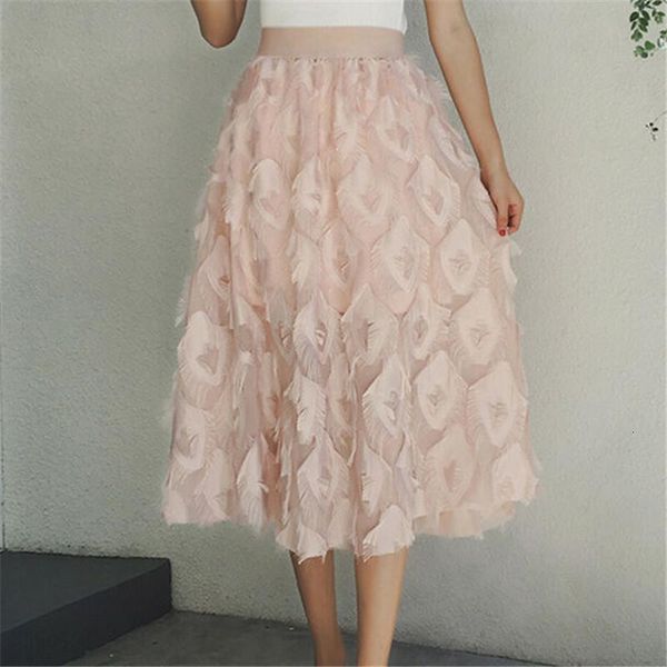 

2020 fashion women midi skirt spring summer ladies fashion feather appliques flared skirts for women high waist female skirts, Black