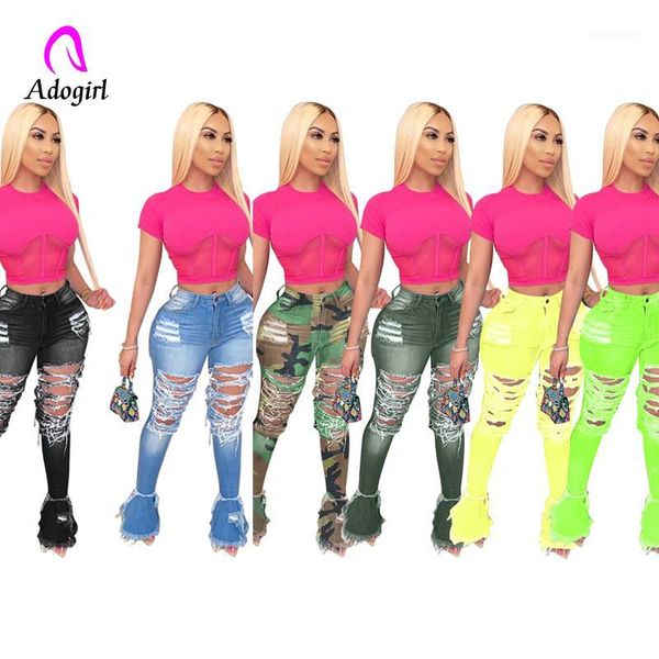 

distressed denim pants women neon color hole jeans ripped flare spliging trousers camo street skinny high waist pants plus size1, Blue