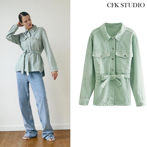 

cfk&studio women denim coat with turn-down collar button belt casual loose oversize green jacket 1028, Tan;black