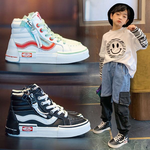 

breathable spring 2021 new children's board korean girls' casual boys' high soft sole sports sho, Black;red