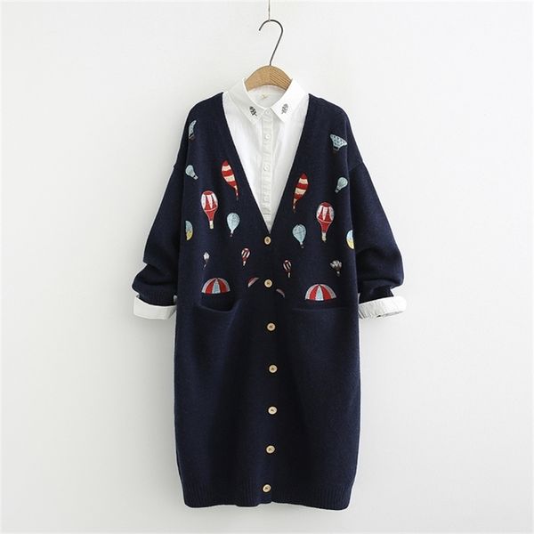 

heavy duty color air balloon embroidery long cardigan sweater mori girl autumn winter y200910, White;black