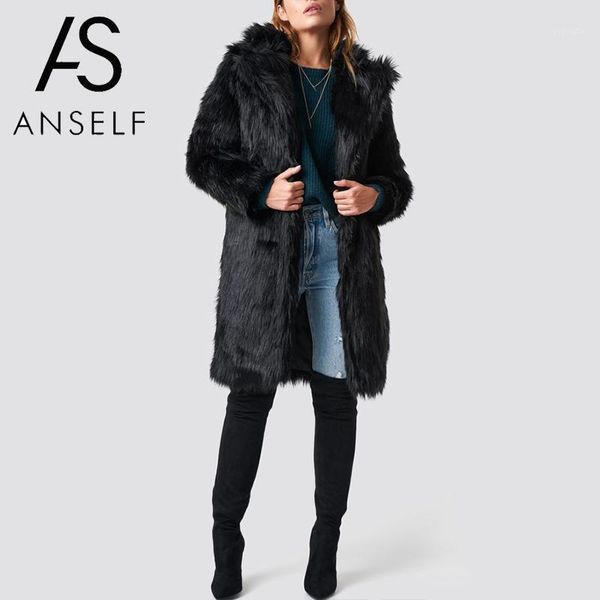 

luxury women faux fur coat solid fluffy notched collar long sleeve slim fit fur jacket women warm outerwear plus size long coat1, Black