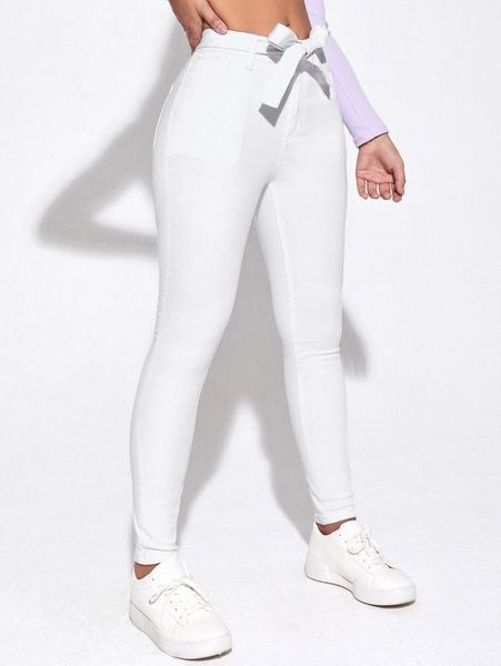

solid tie front skinny jeans 40ux#, Blue