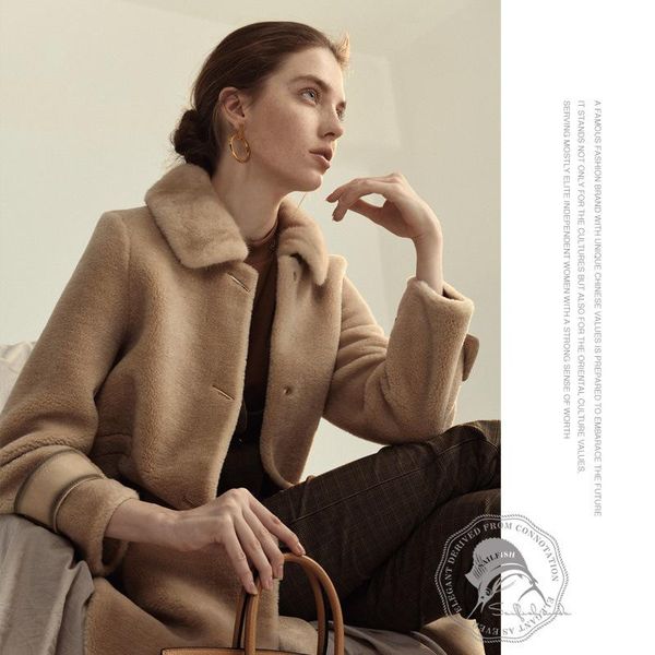 

brand pointed cargo collar wool sheep sheared granular long coat female 20 qiu dong new cloth coat dress, Black