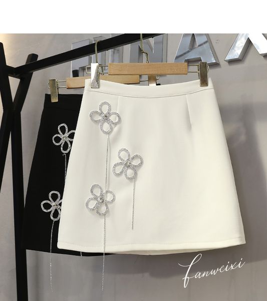 Nova moda saia curta feminina cintura alta com strass flor patchwork franja franja plus size SMLXL