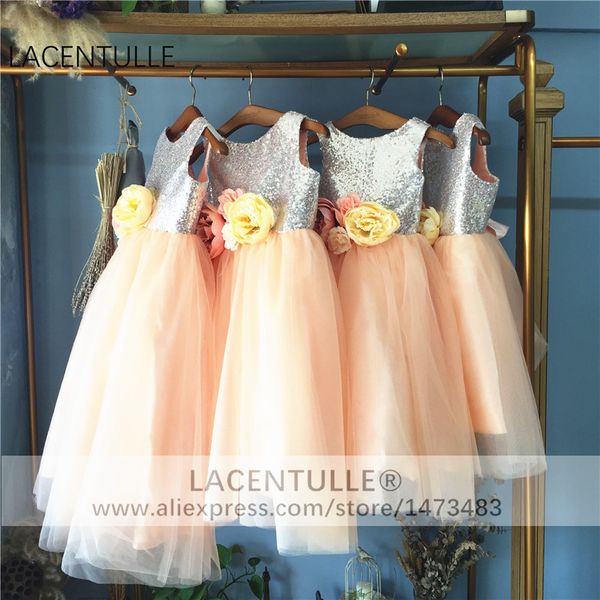 

sleeveless tulle sequin bodice flower girl dress with flowers, Red;yellow