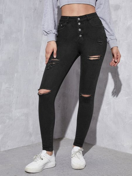 

buttoned front ripped skinny jeans 59do#, Blue