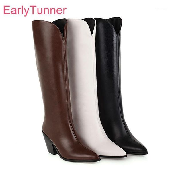 

boots 2021 winter fashion black brown women mid calf riding high heels lady dress shoes small big size 10 43 45 481