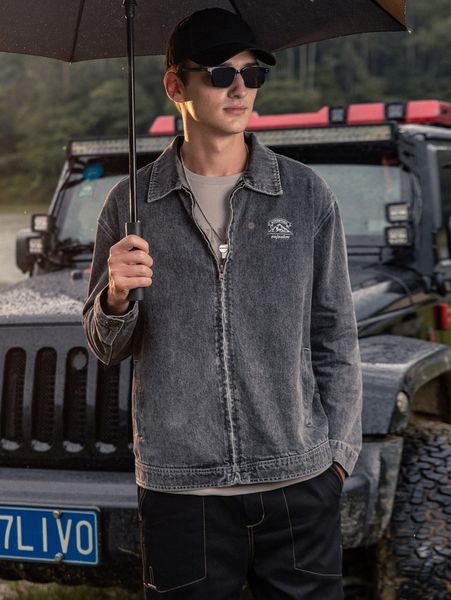 

men zip up mountain & letter graphic denim jacket u6wu#, Blue