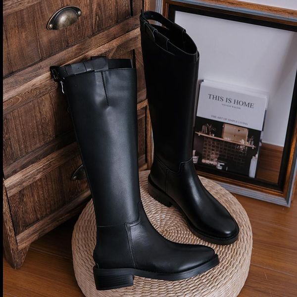 

new winter natural genuine leather knee high boots women boots motorcycle fur one 100% cowhide knight female snow, Black