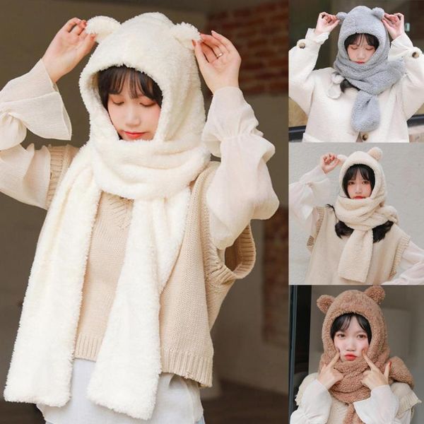 

cute bear ear women novelty beanies caps plush one-piece hat scarf autumn winter hat women girls plush scarf set caps, Blue;gray