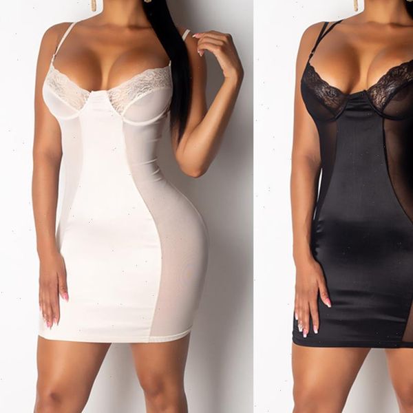 

women sleeveless bodycon dress club short mini dress lace v neck see through nightdress white femme les robe, Black;gray