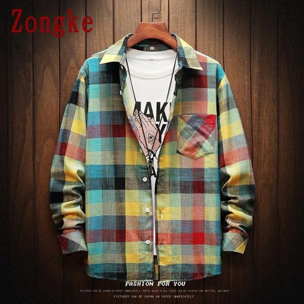

zongke plaid shirts for men clothing 2021 fashion long sleeve plaid shirt men harajuku shirt long sleeve vintage clothes 5xl, White;black